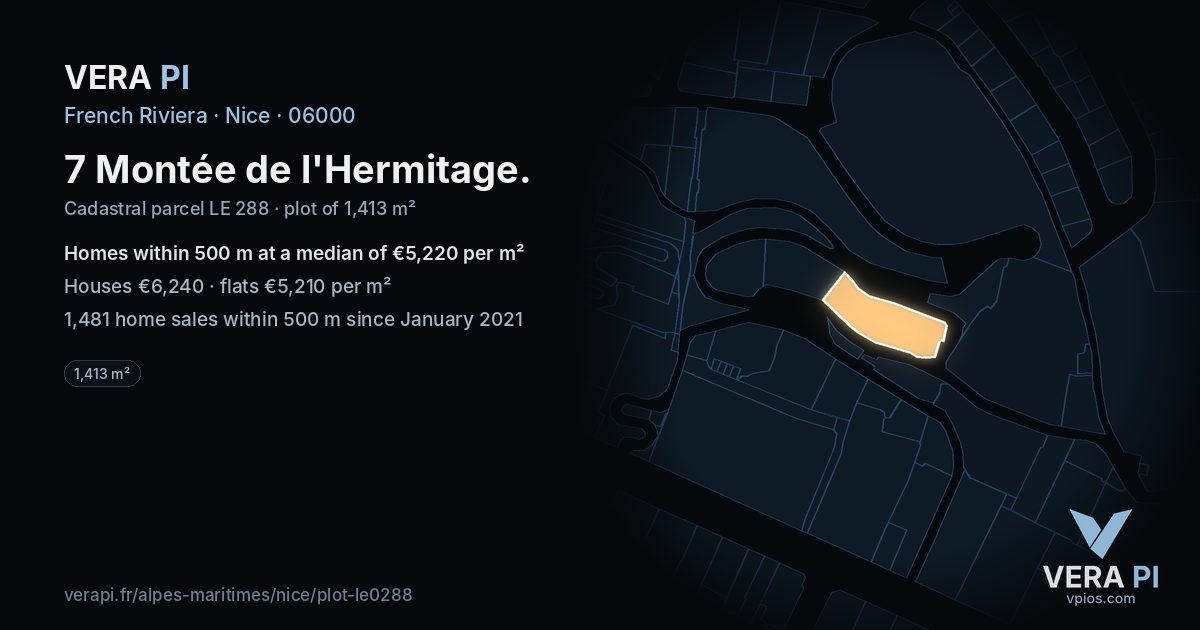 7 Montée de l'Hermitage, Nice at night – the plot lit, the parcels around coloured by the prices near them
