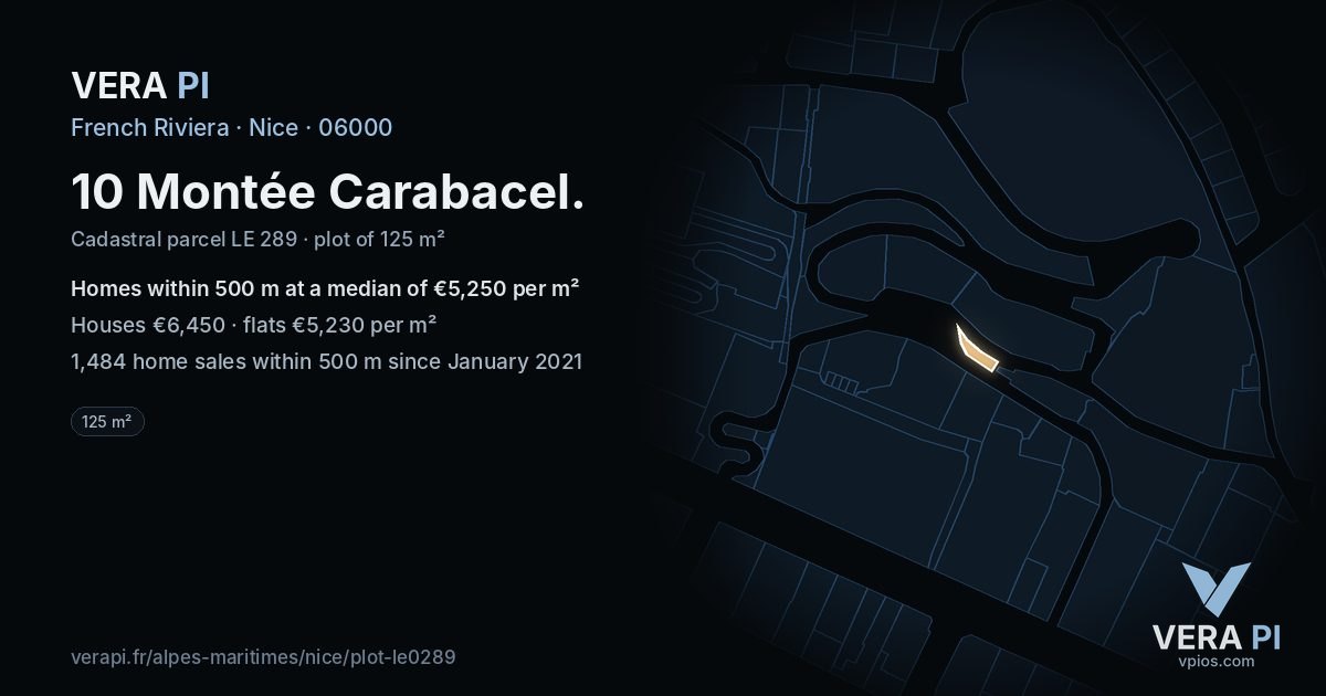 10 Montée Carabacel, Nice at night – the plot lit, the parcels around coloured by the prices near them