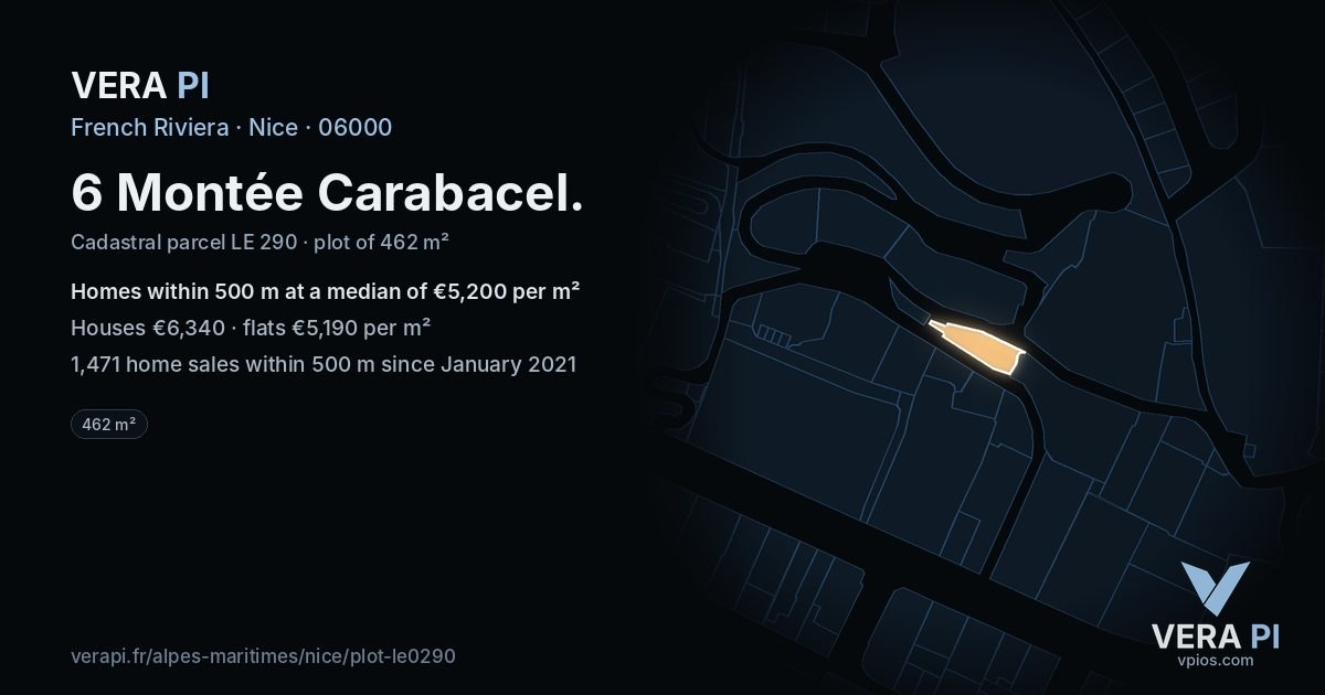 6 Montée Carabacel, Nice at night – the plot lit, the parcels around coloured by the prices near them