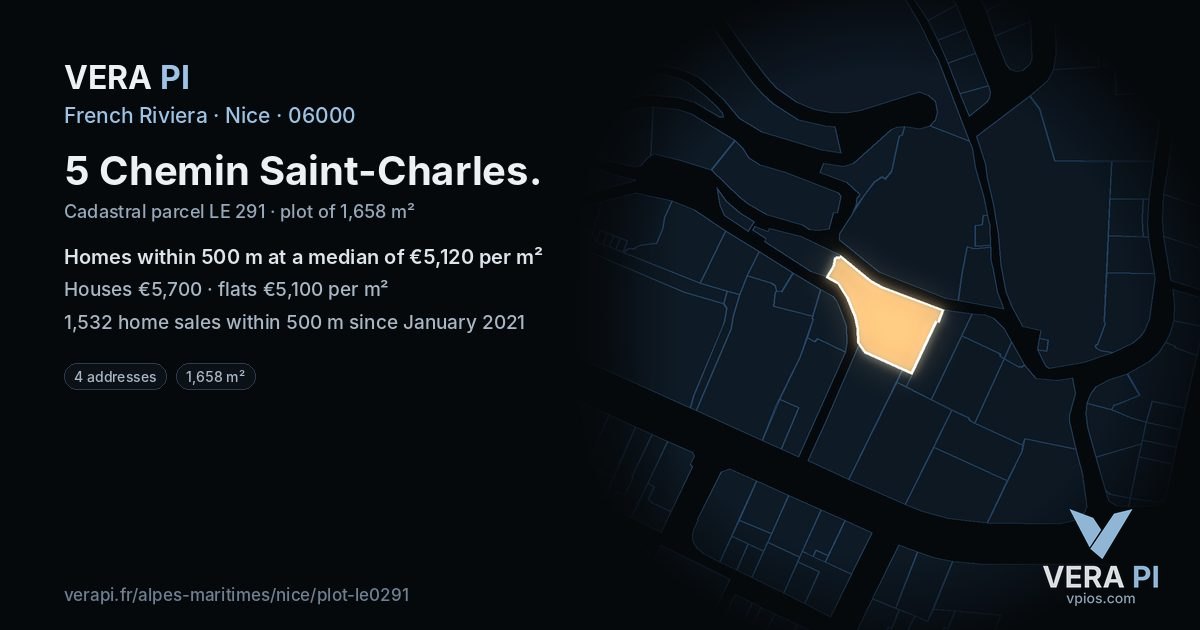 5 Chemin Saint-Charles, Nice at night – the plot lit, the parcels around coloured by the prices near them