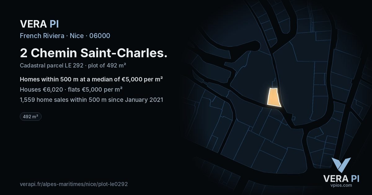 2 Chemin Saint-Charles, Nice at night – the plot lit, the parcels around coloured by the prices near them