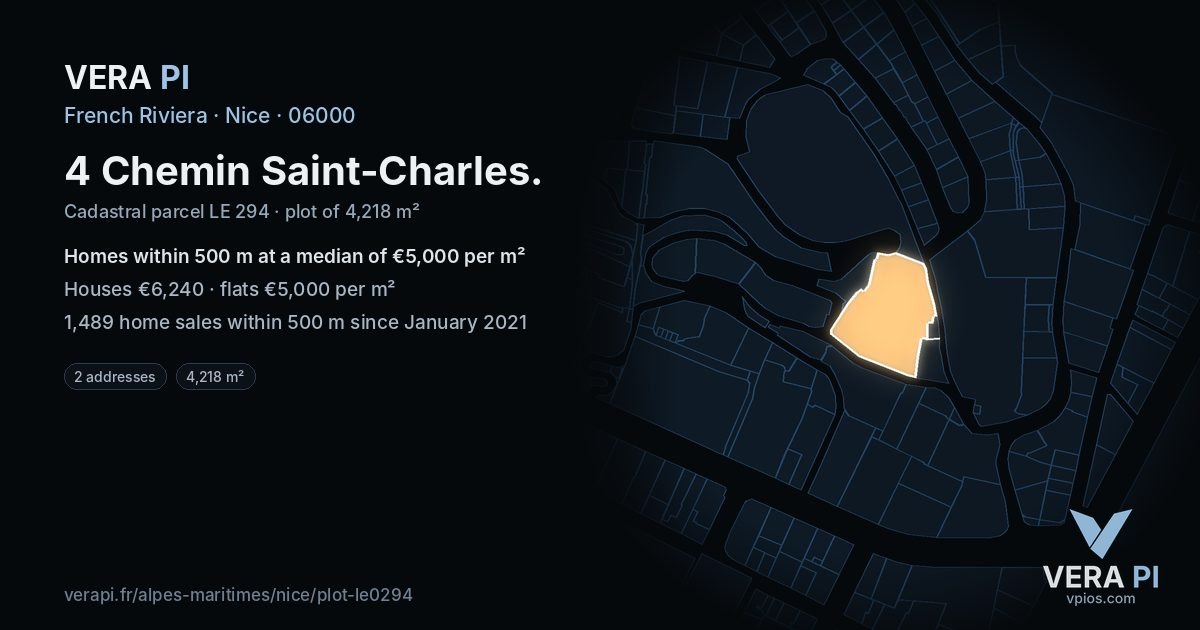 4 Chemin Saint-Charles, Nice at night – the plot lit, the parcels around coloured by the prices near them