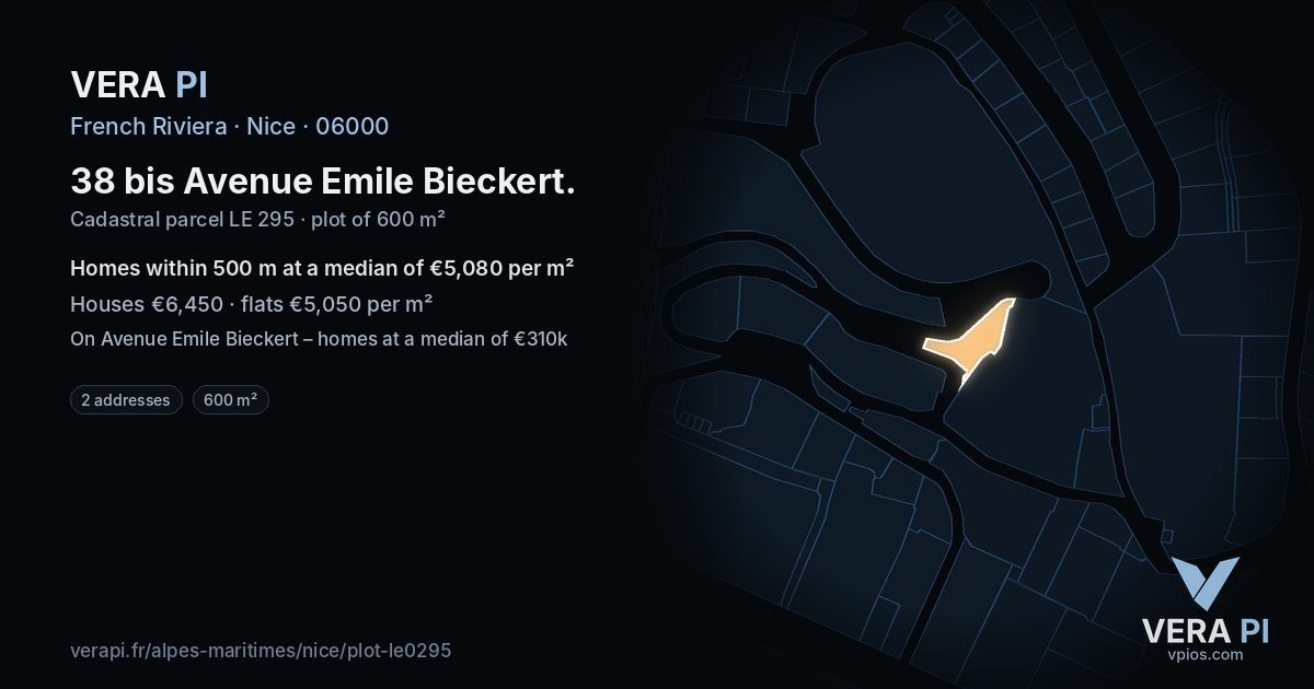 38 bis Avenue Emile Bieckert, Nice at night – the plot lit, the parcels around coloured by the prices near them