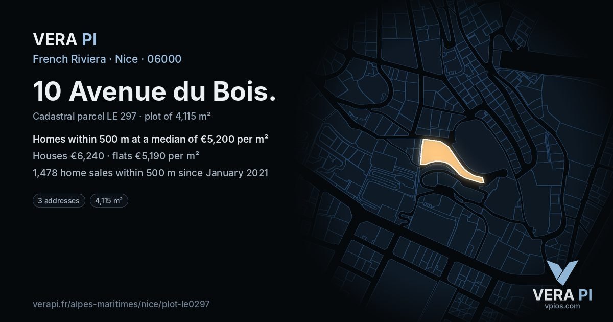 10 Avenue du Bois, Nice at night – the plot lit, the parcels around coloured by the prices near them