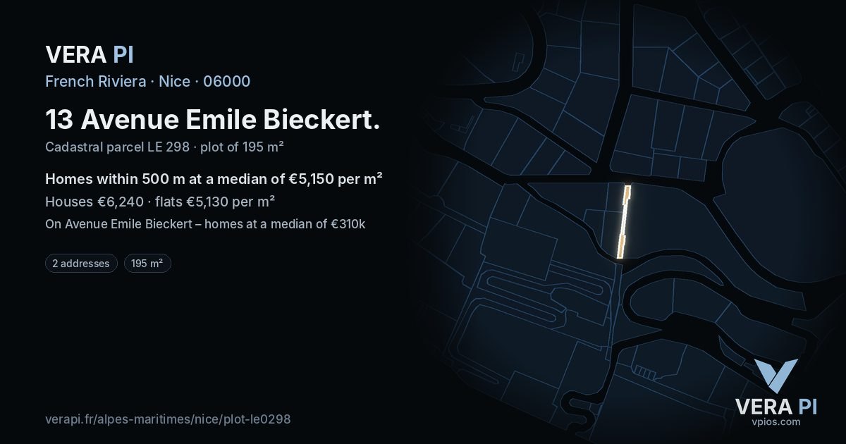 13 Avenue Emile Bieckert, Nice at night – the plot lit, the parcels around coloured by the prices near them