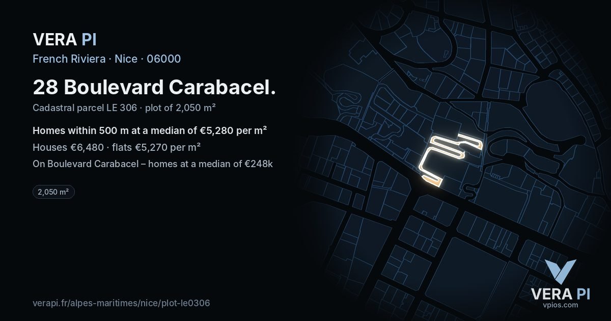 28 Boulevard Carabacel, Nice at night – the plot lit, the parcels around coloured by the prices near them