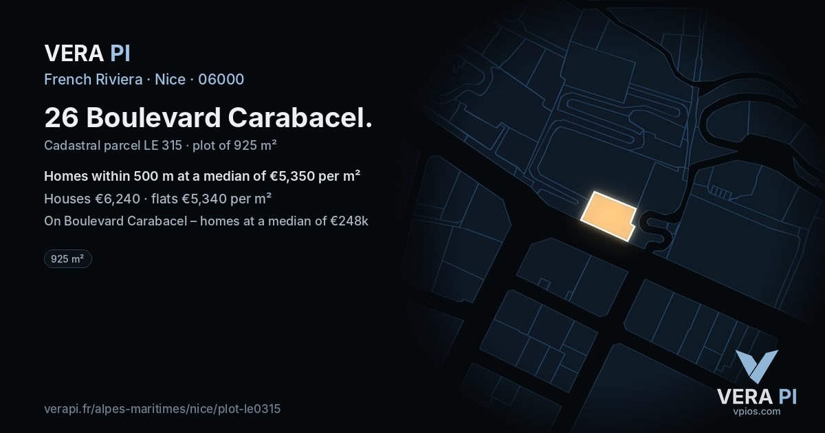 26 Boulevard Carabacel, Nice at night – the plot lit, the parcels around coloured by the prices near them