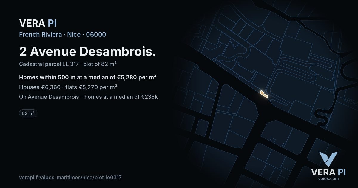 2 Avenue Desambrois, Nice at night – the plot lit, the parcels around coloured by the prices near them