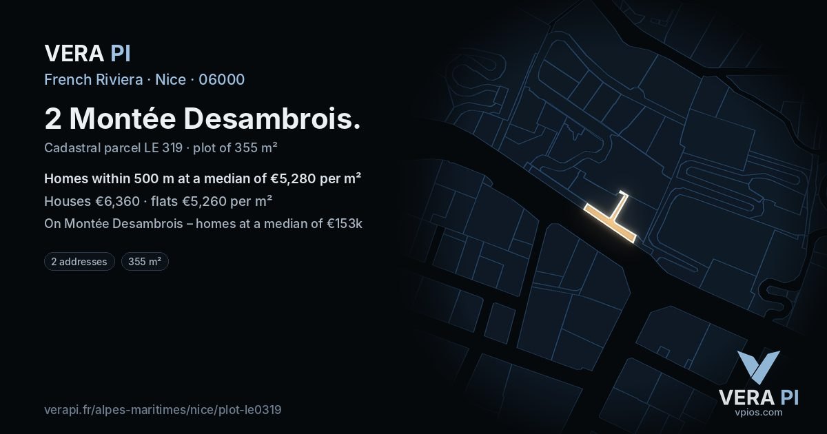2 Montée Desambrois, Nice at night – the plot lit, the parcels around coloured by the prices near them