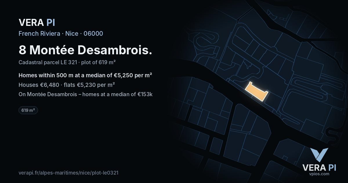 8 Montée Desambrois, Nice at night – the plot lit, the parcels around coloured by the prices near them