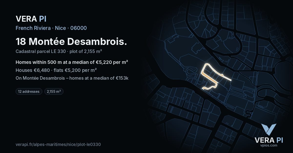18 Montée Desambrois, Nice at night – the plot lit, the parcels around coloured by the prices near them