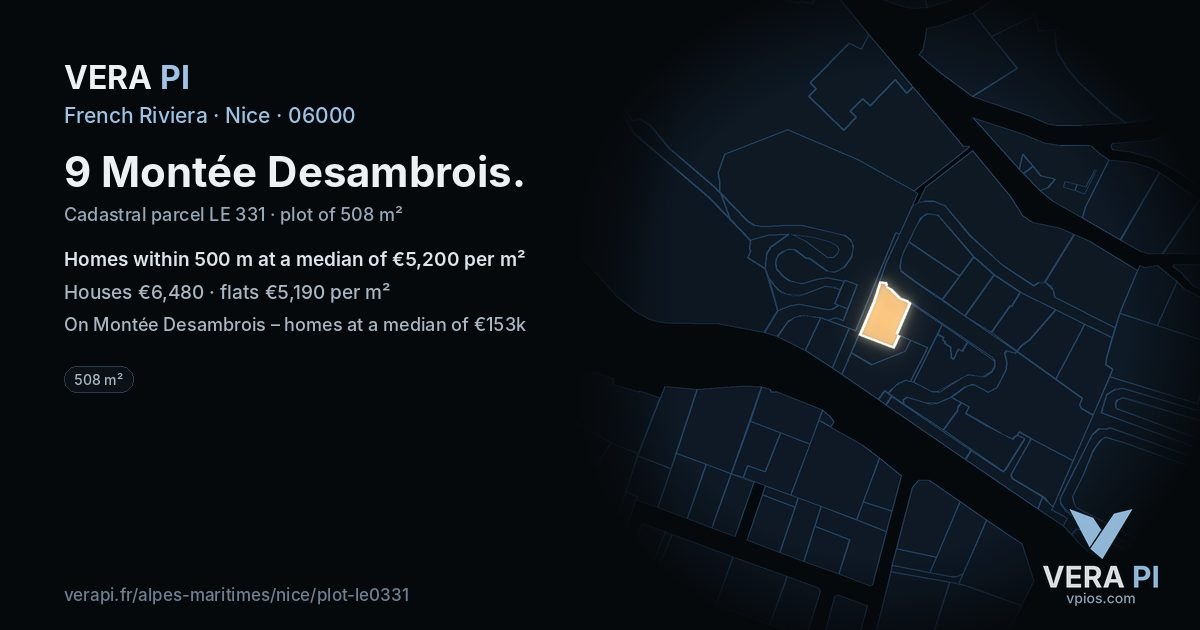 9 Montée Desambrois, Nice at night – the plot lit, the parcels around coloured by the prices near them