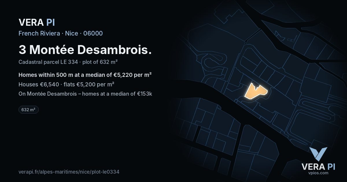 3 Montée Desambrois, Nice at night – the plot lit, the parcels around coloured by the prices near them