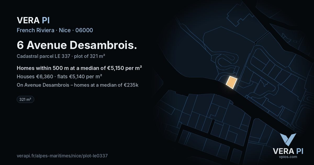 6 Avenue Desambrois, Nice at night – the plot lit, the parcels around coloured by the prices near them