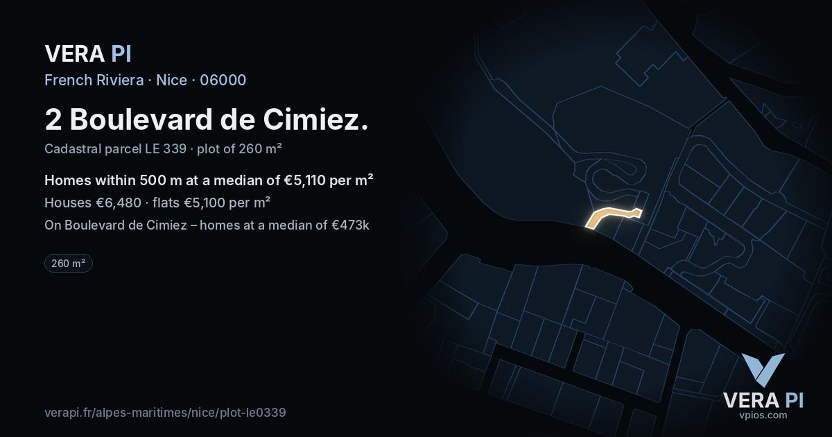 2 Boulevard de Cimiez, Nice at night – the plot lit, the parcels around coloured by the prices near them