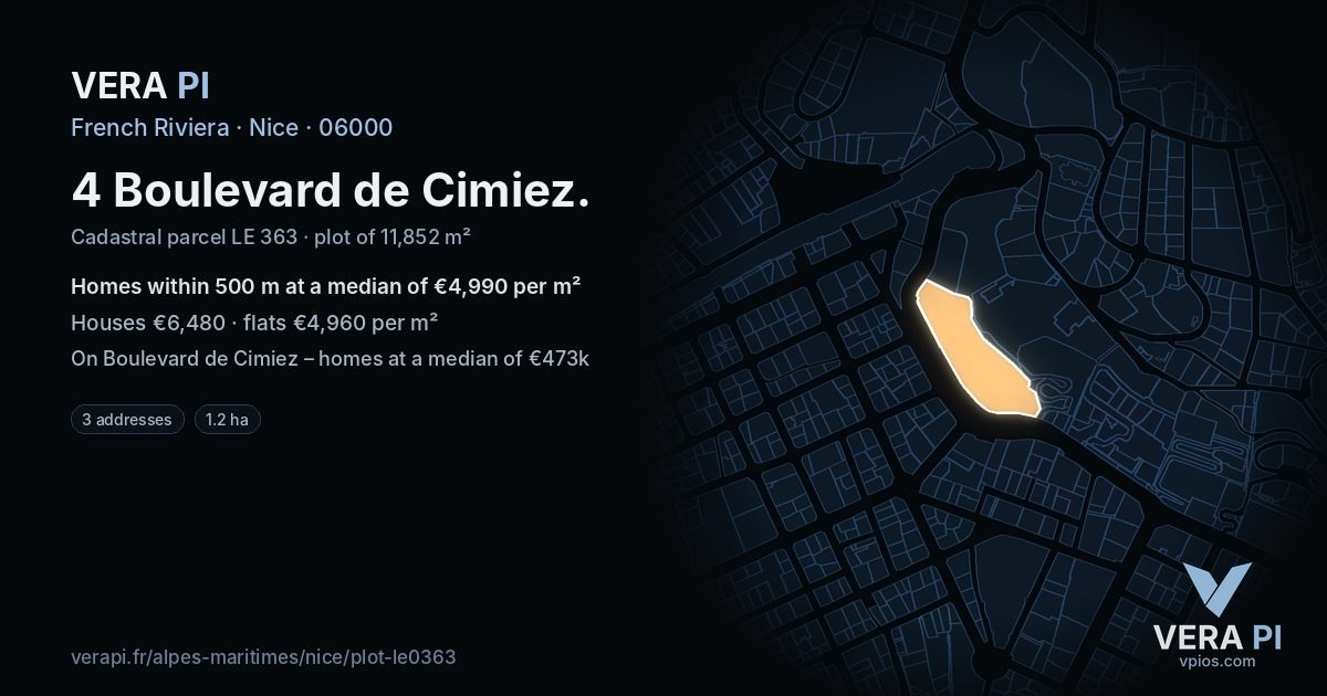 4 Boulevard de Cimiez, Nice at night – the plot lit, the parcels around coloured by the prices near them
