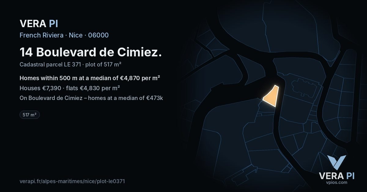 14 Boulevard de Cimiez, Nice at night – the plot lit, the parcels around coloured by the prices near them
