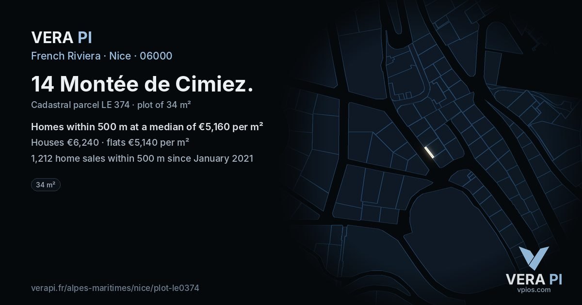 14 Montée de Cimiez, Nice at night – the plot lit, the parcels around coloured by the prices near them