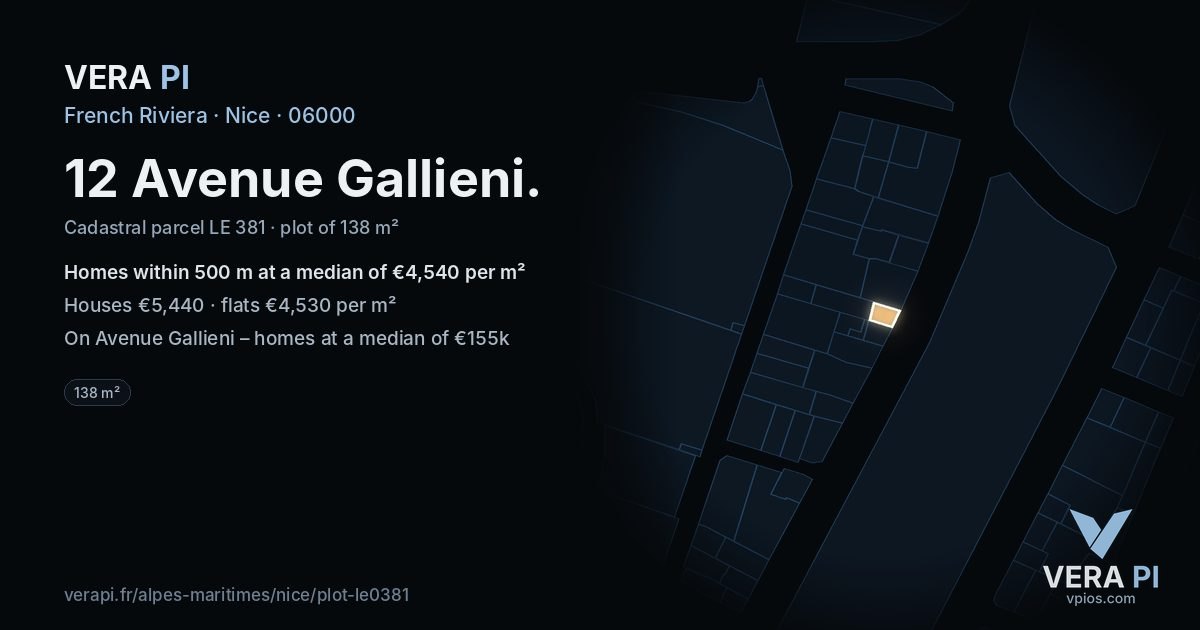 12 Avenue Gallieni, Nice at night – the plot lit, the parcels around coloured by the prices near them