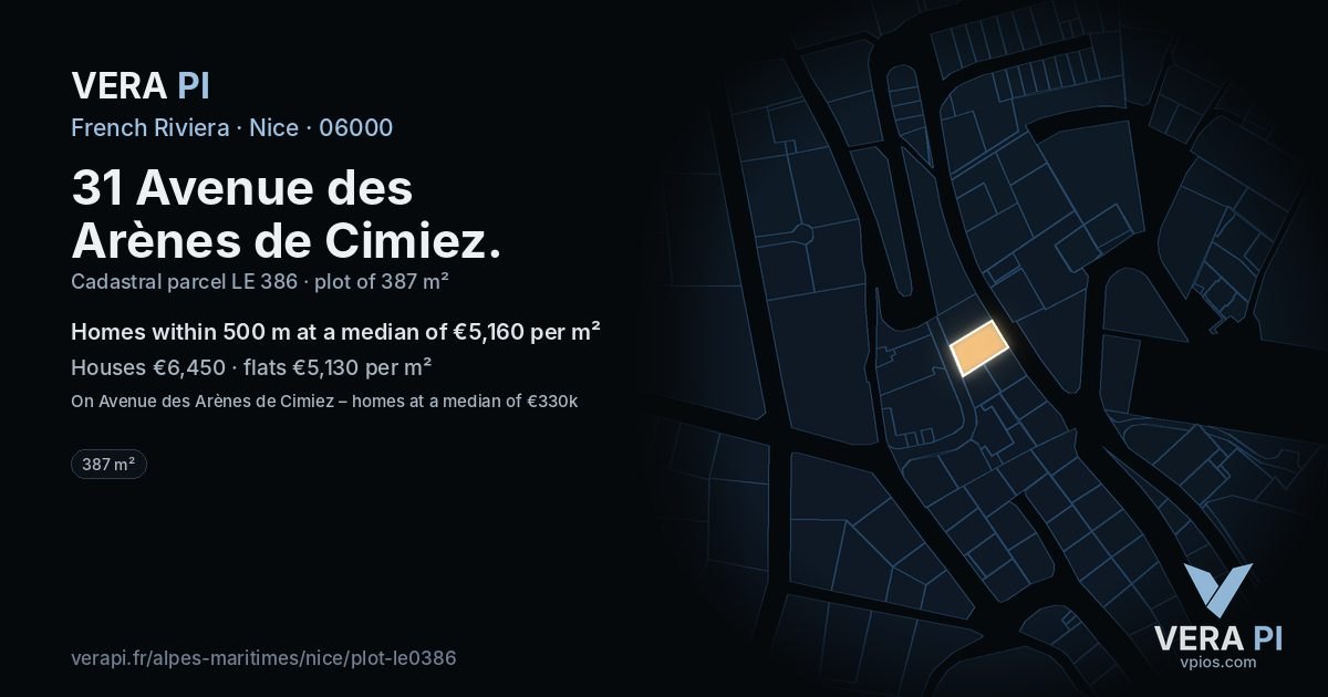 31 Avenue des Arènes de Cimiez, Nice at night – the plot lit, the parcels around coloured by the prices near them