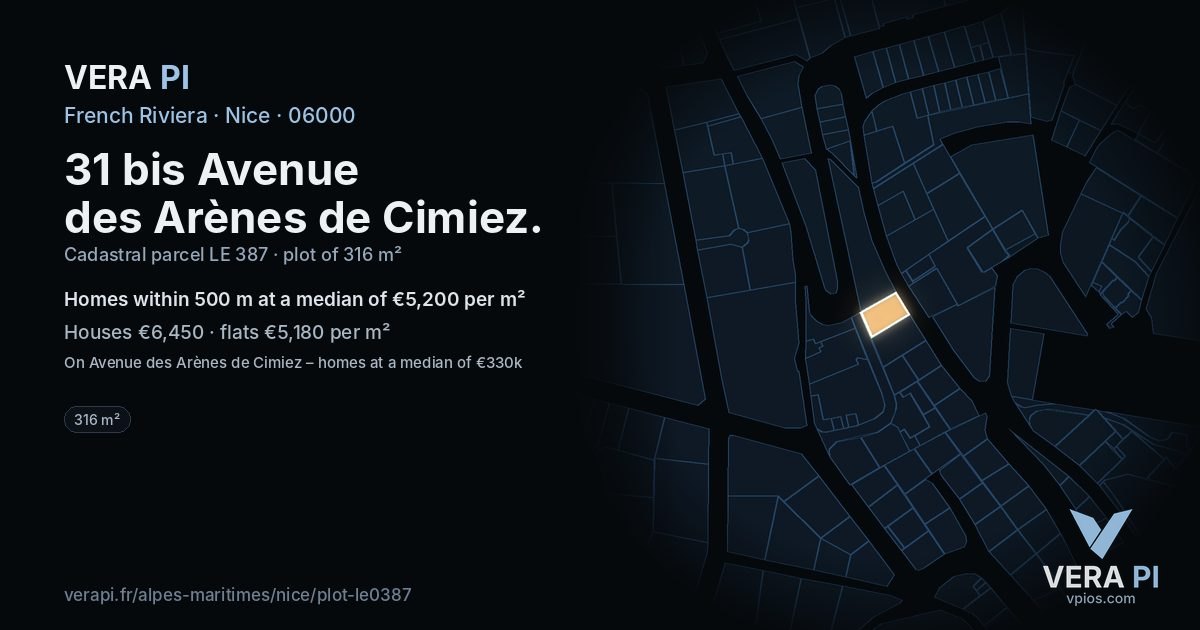 31 bis Avenue des Arènes de Cimiez, Nice at night – the plot lit, the parcels around coloured by the prices near them