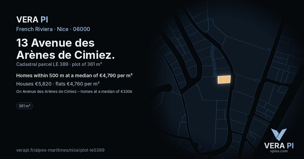 13 Avenue des Arènes de Cimiez, Nice at night – the plot lit, the parcels around coloured by the prices near them