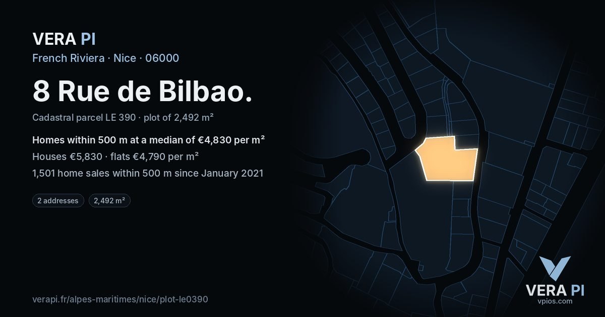 8 Rue de Bilbao, Nice at night – the plot lit, the parcels around coloured by the prices near them