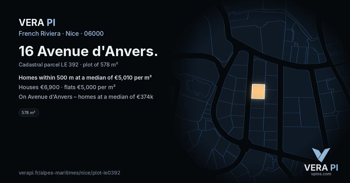 16 Avenue d'Anvers, Nice at night – the plot lit, the parcels around coloured by the prices near them