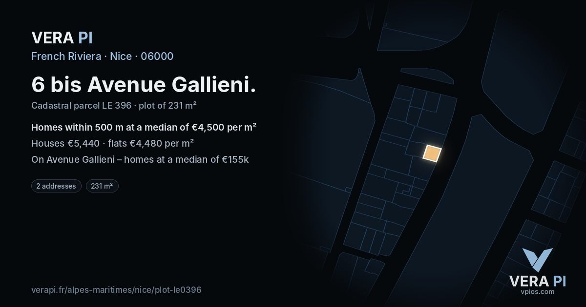 6 bis Avenue Gallieni, Nice at night – the plot lit, the parcels around coloured by the prices near them