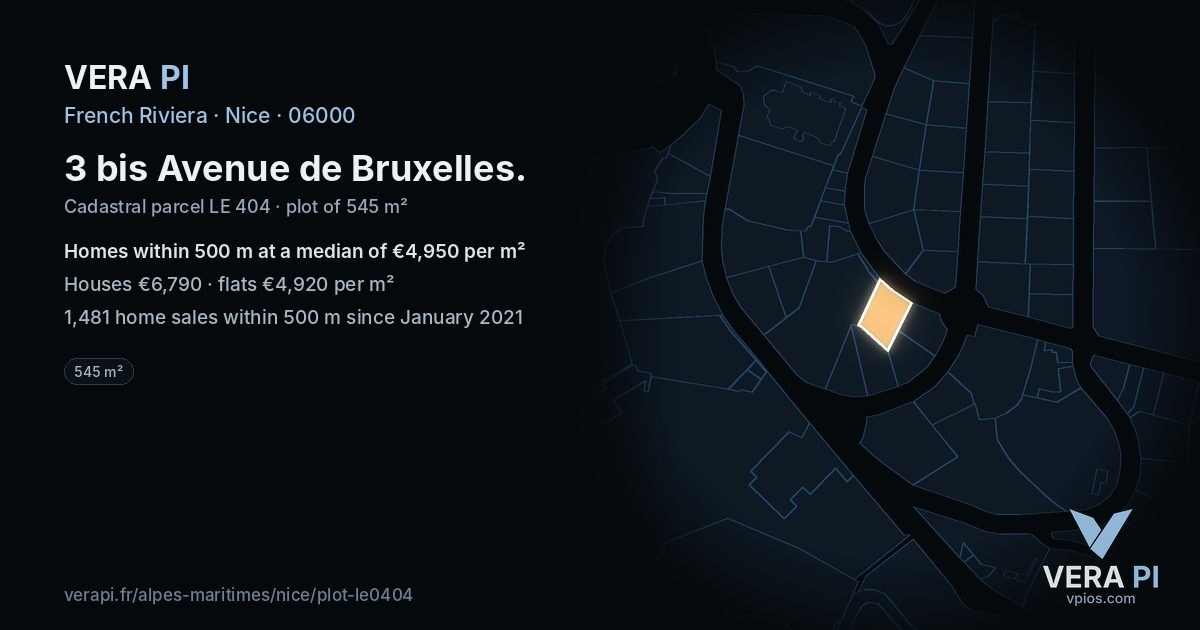 3 bis Avenue de Bruxelles, Nice at night – the plot lit, the parcels around coloured by the prices near them