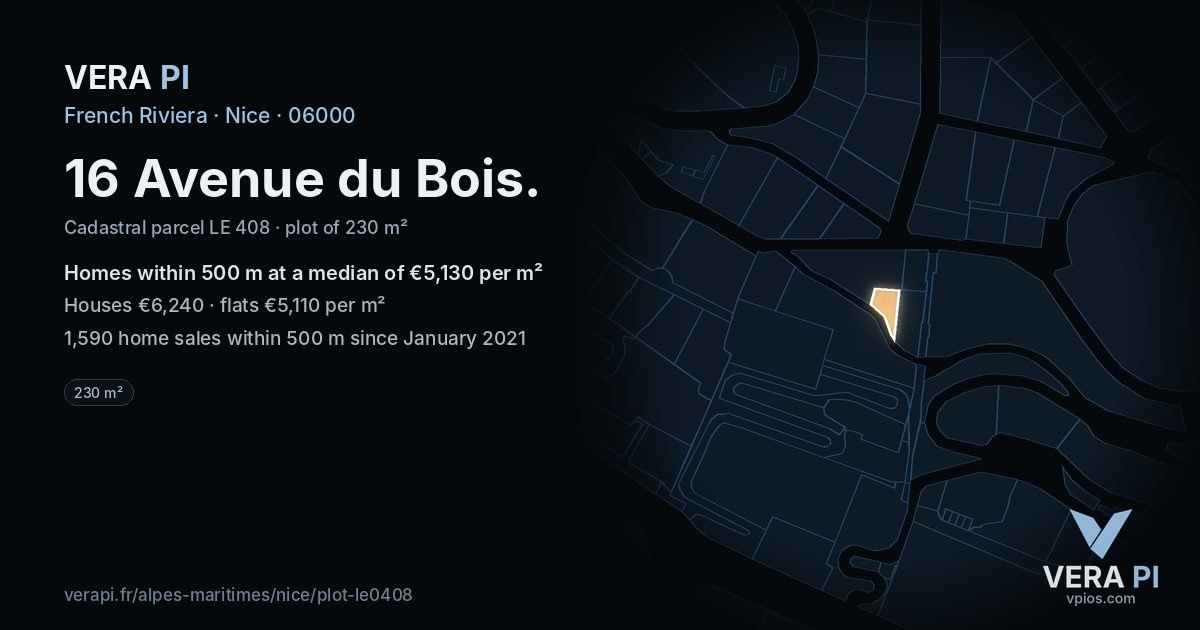 16 Avenue du Bois, Nice at night – the plot lit, the parcels around coloured by the prices near them