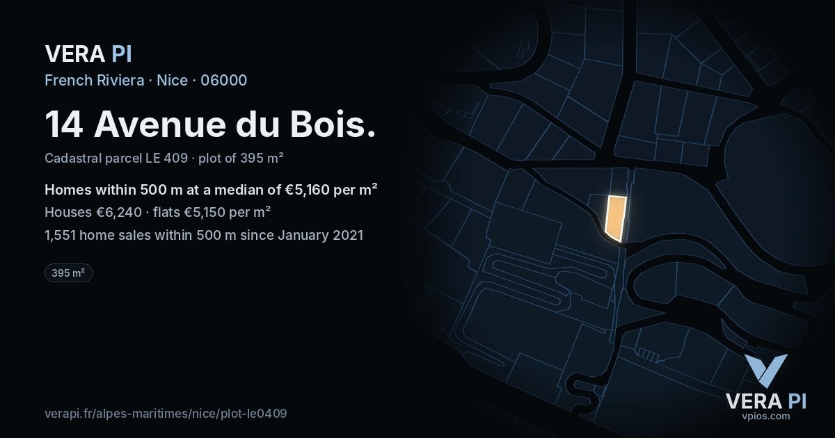 14 Avenue du Bois, Nice at night – the plot lit, the parcels around coloured by the prices near them