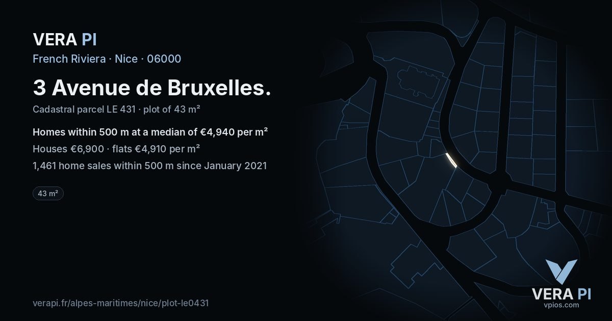 3 Avenue de Bruxelles, Nice at night – the plot lit, the parcels around coloured by the prices near them