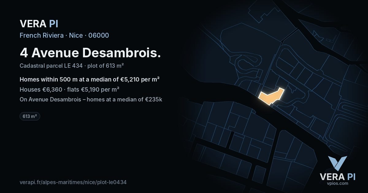 4 Avenue Desambrois, Nice at night – the plot lit, the parcels around coloured by the prices near them