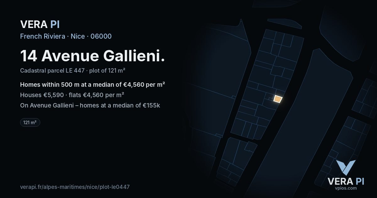 14 Avenue Gallieni, Nice at night – the plot lit, the parcels around coloured by the prices near them