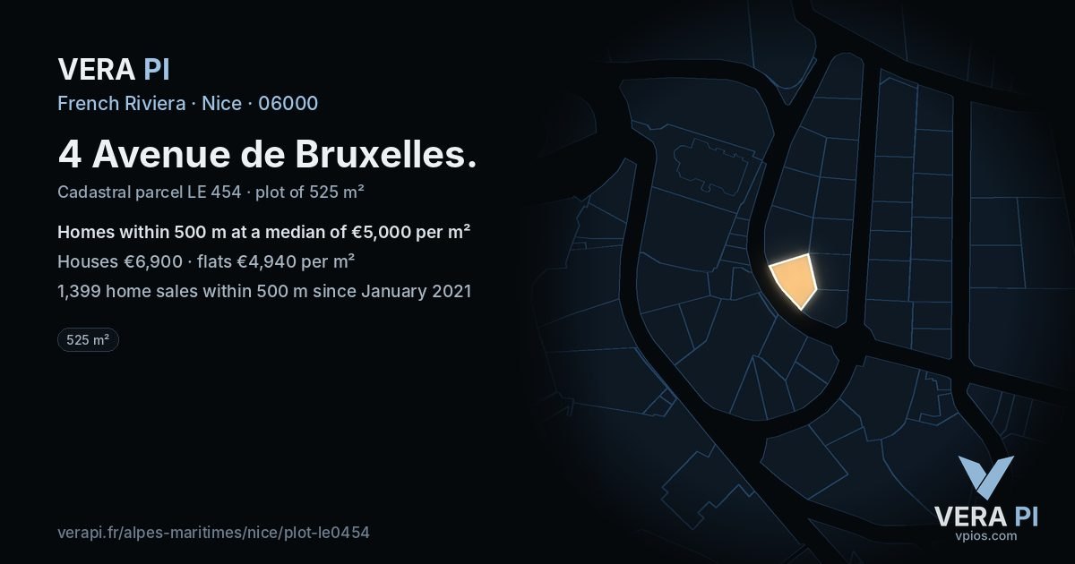 4 Avenue de Bruxelles, Nice at night – the plot lit, the parcels around coloured by the prices near them