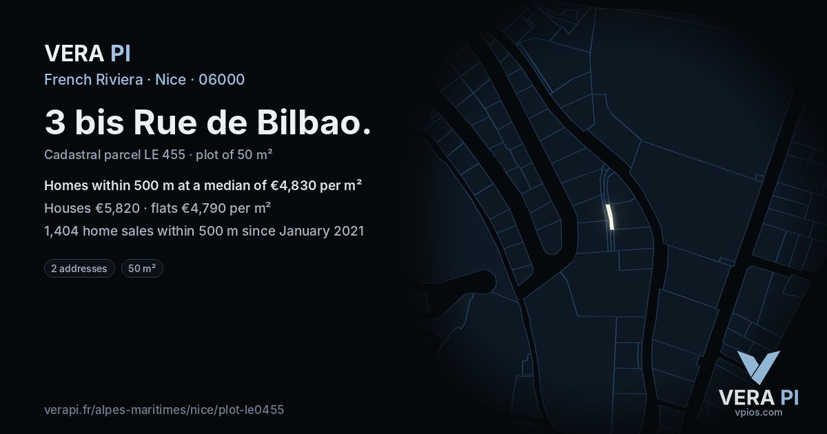 3 bis Rue de Bilbao, Nice at night – the plot lit, the parcels around coloured by the prices near them