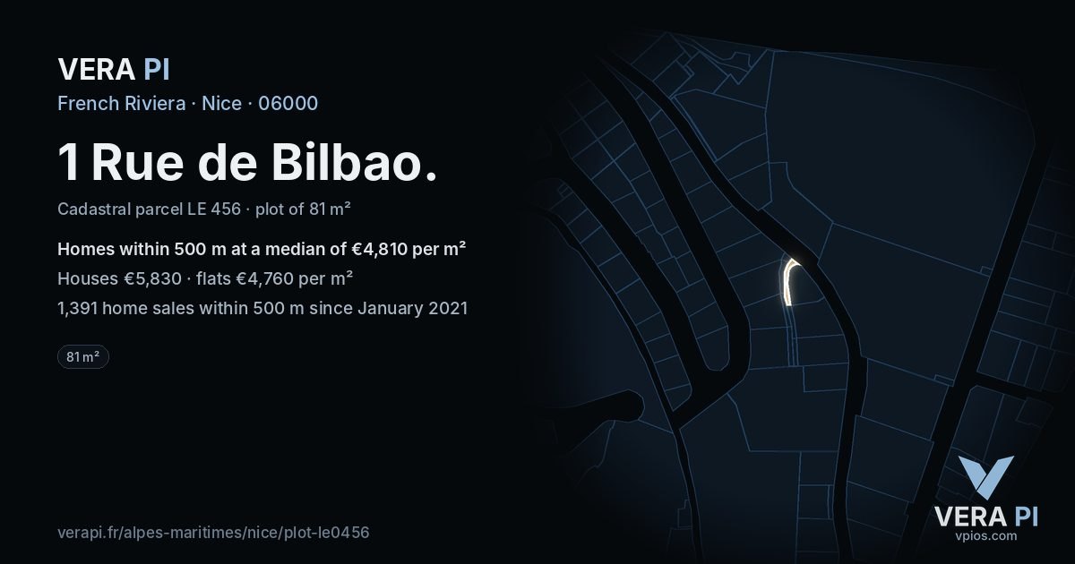 1 Rue de Bilbao, Nice at night – the plot lit, the parcels around coloured by the prices near them