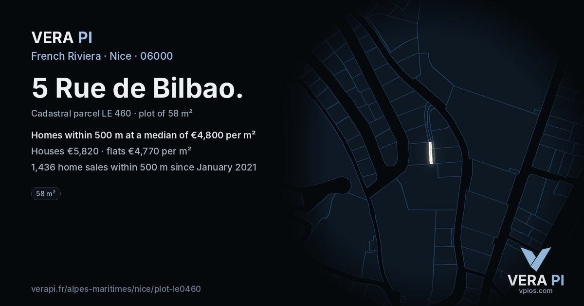 5 Rue de Bilbao, Nice at night – the plot lit, the parcels around coloured by the prices near them