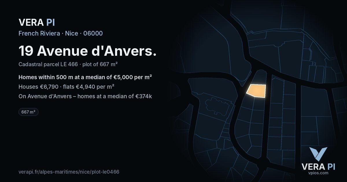 19 Avenue d'Anvers, Nice at night – the plot lit, the parcels around coloured by the prices near them