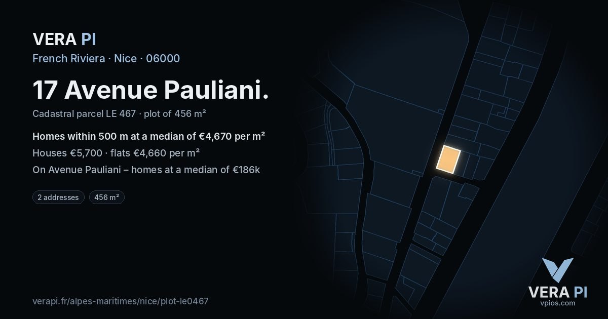 17 Avenue Pauliani, Nice at night – the plot lit, the parcels around coloured by the prices near them