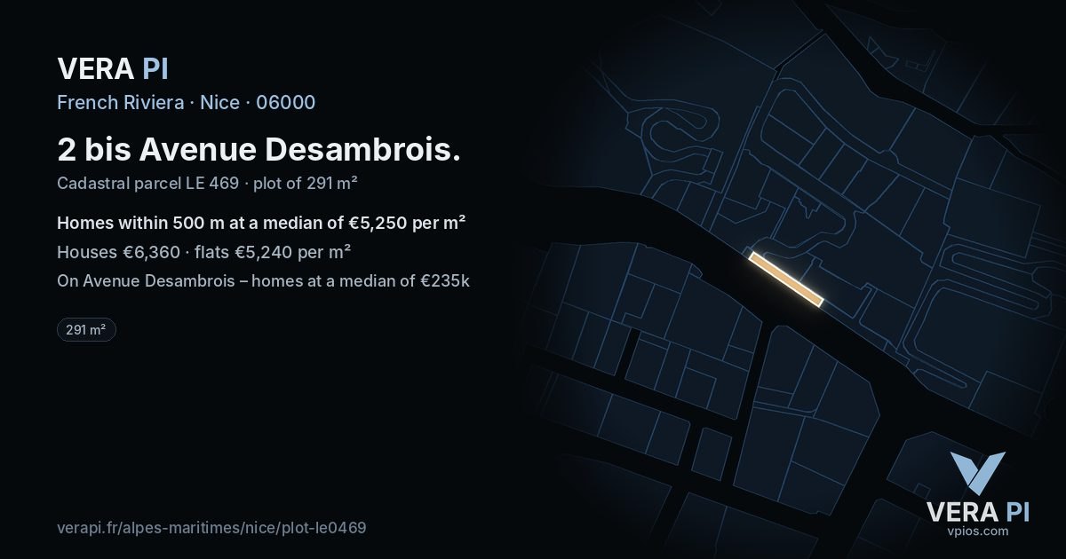 2 bis Avenue Desambrois, Nice at night – the plot lit, the parcels around coloured by the prices near them
