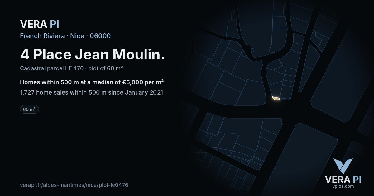 4 Place Jean Moulin, Nice at night – the plot lit, the parcels around coloured by the prices near them