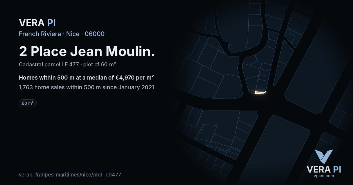 2 Place Jean Moulin, Nice at night – the plot lit, the parcels around coloured by the prices near them