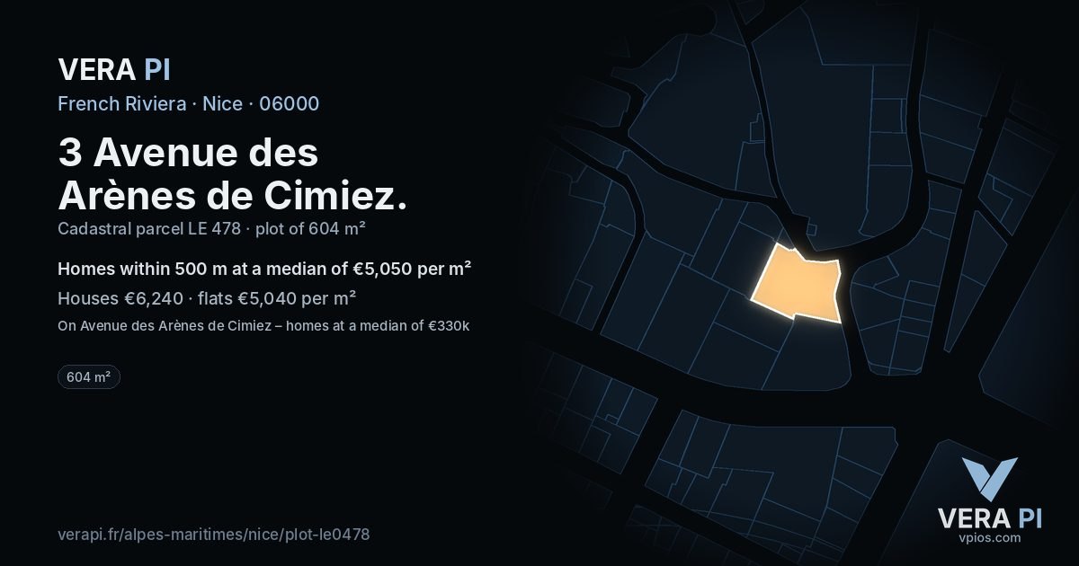 3 Avenue des Arènes de Cimiez, Nice at night – the plot lit, the parcels around coloured by the prices near them