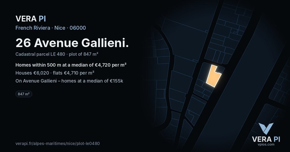 26 Avenue Gallieni, Nice at night – the plot lit, the parcels around coloured by the prices near them