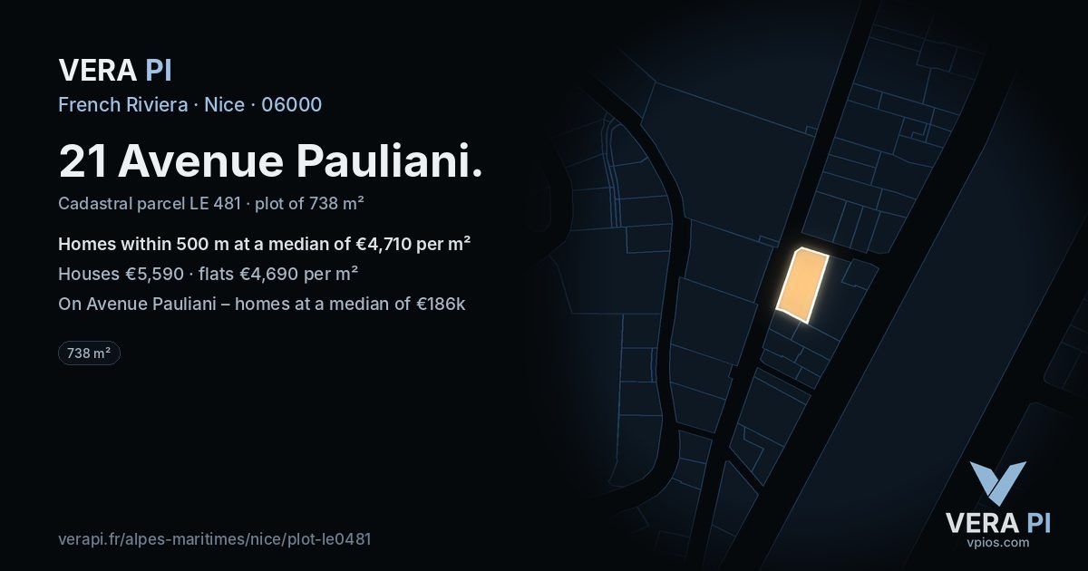 21 Avenue Pauliani, Nice at night – the plot lit, the parcels around coloured by the prices near them