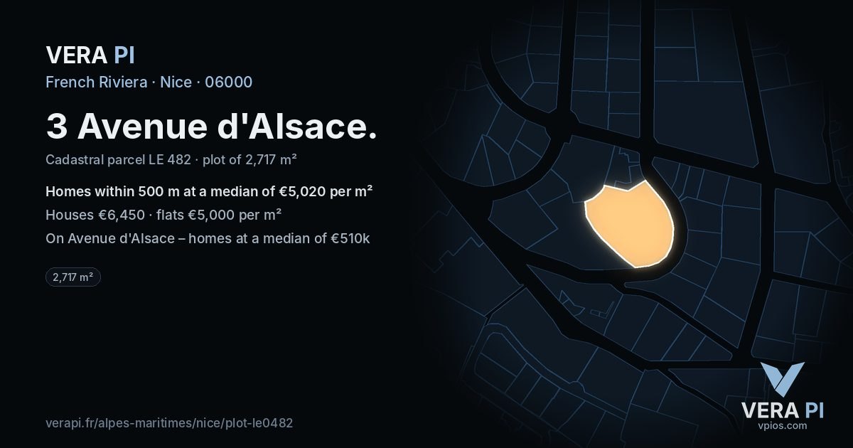 3 Avenue d'Alsace, Nice at night – the plot lit, the parcels around coloured by the prices near them