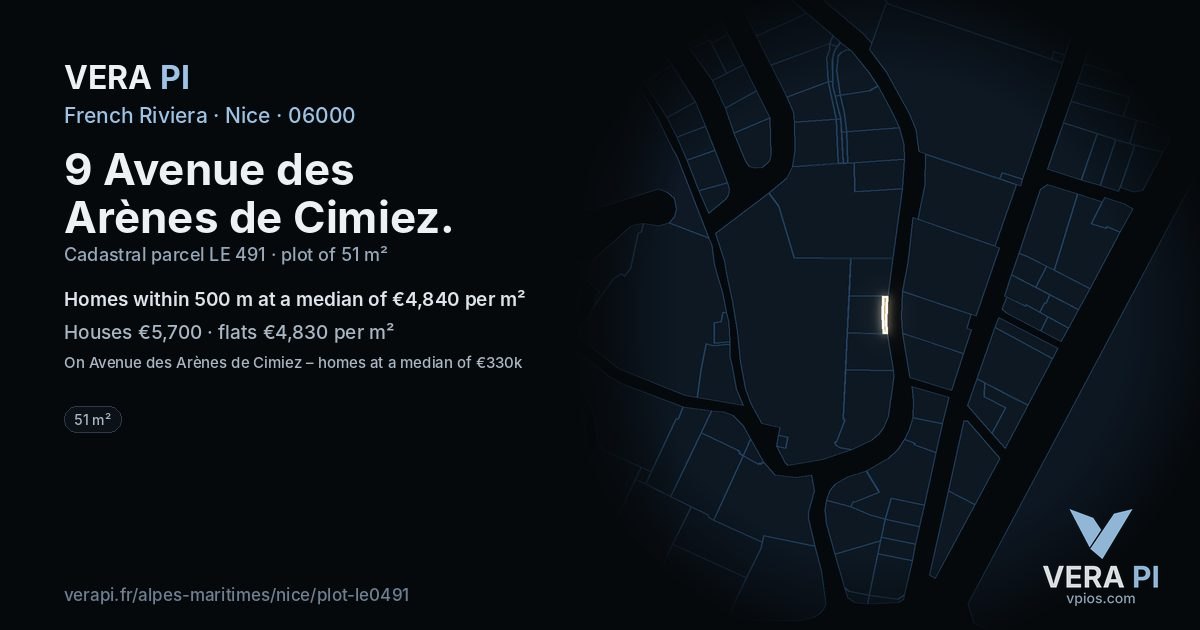 9 Avenue des Arènes de Cimiez, Nice at night – the plot lit, the parcels around coloured by the prices near them