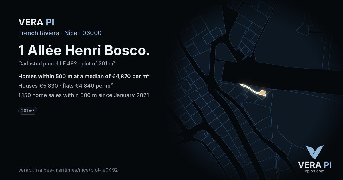 1 Allée Henri Bosco, Nice at night – the plot lit, the parcels around coloured by the prices near them
